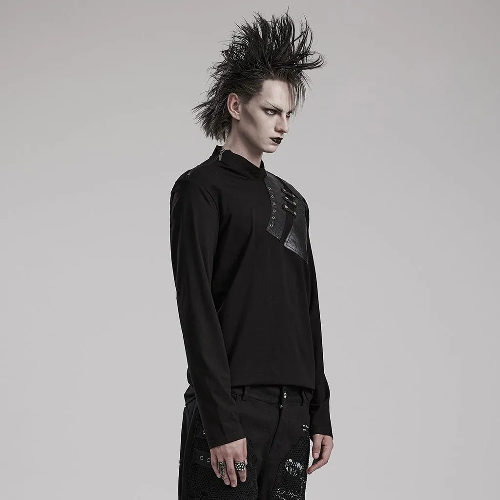 Men's Punk Faux Leather Splice Shirt