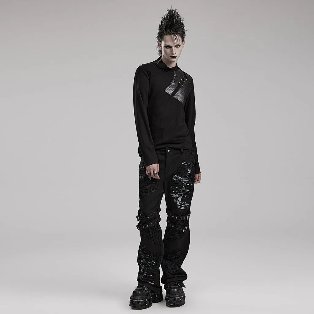 Men's Punk Faux Leather Splice Shirt