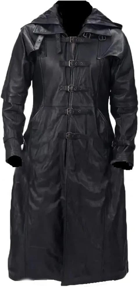 Mens Real & PU Leather Trench Coat Winter Jacket Goth Matrix Steampunk Long Coat with Hood