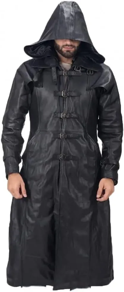 Mens Real & PU Leather Trench Coat Winter Jacket Goth Matrix Steampunk Long Coat with Hood