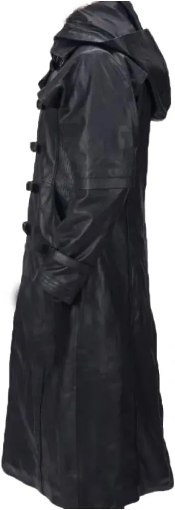 Mens Real & PU Leather Trench Coat Winter Jacket Goth Matrix Steampunk Long Coat with Hood