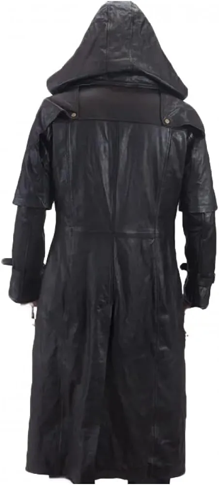 Mens Real & PU Leather Trench Coat Winter Jacket Goth Matrix Steampunk Long Coat with Hood