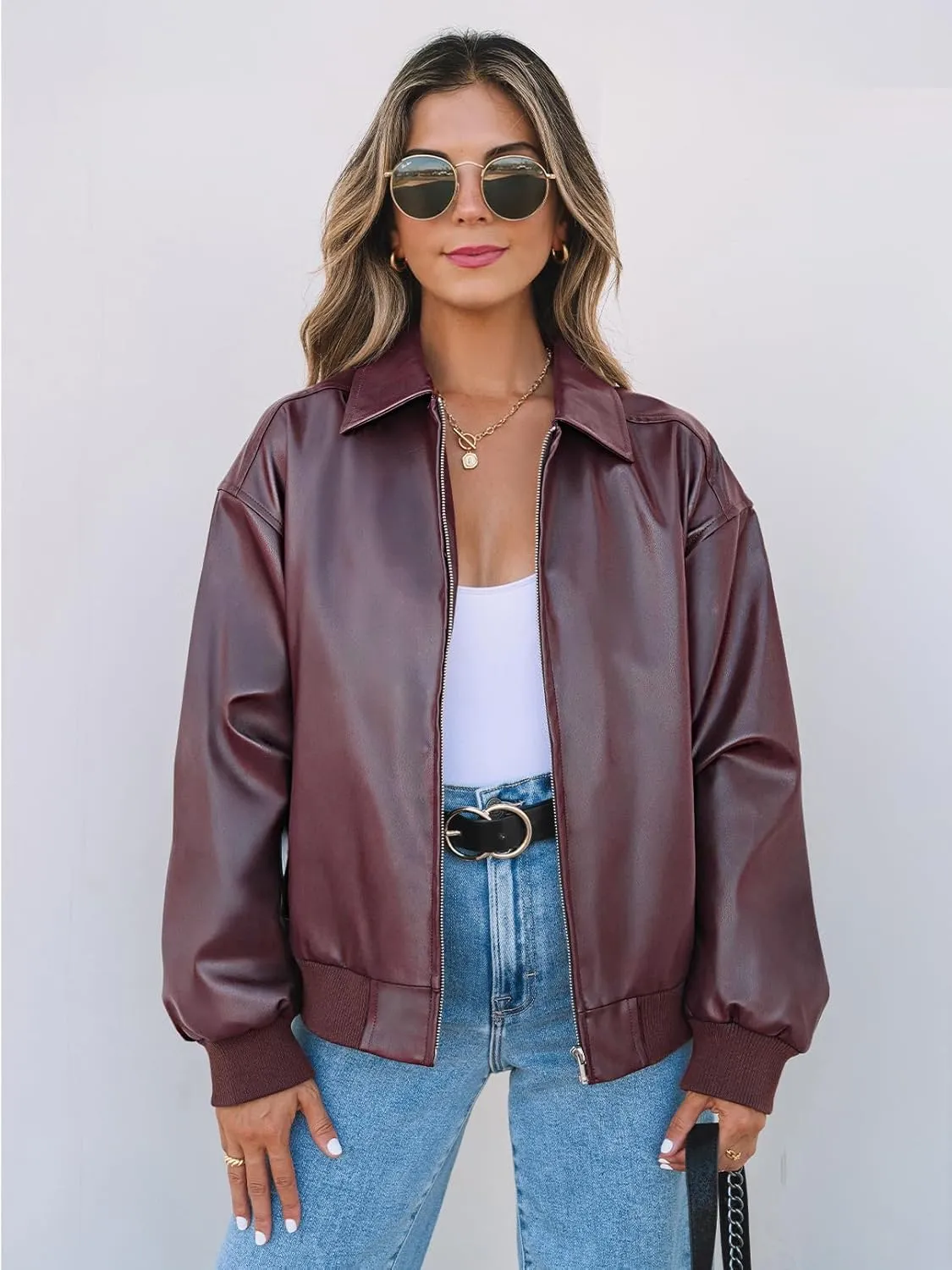 MEROKEETY Women's Oversized Faux Leather Jacket Fall Winter Zip Up Motorcycle Coats Fashion Outfits Clothes 2025
