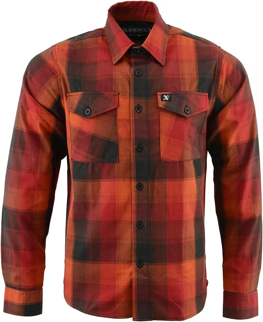 Milwaukee Leather Men's Flannel Plaid Shirt Orange with Red and Black Long Sleeve Cotton Button Down Shirt MNG11641