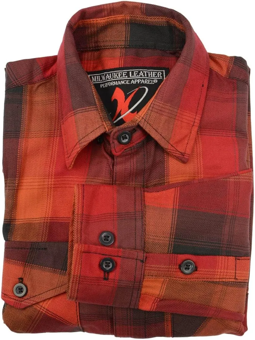 Milwaukee Leather Men's Flannel Plaid Shirt Orange with Red and Black Long Sleeve Cotton Button Down Shirt MNG11641