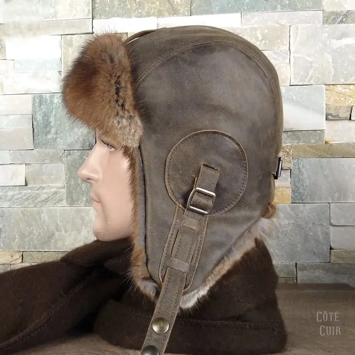 Muskrat Fur Aviator Hat, Antique Brown Leather - Simon Model