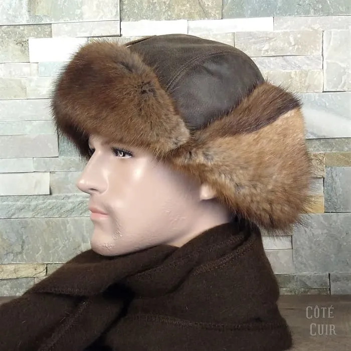 Muskrat Fur Aviator Hat, Antique Brown Leather - Simon Model