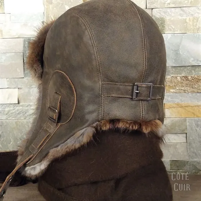 Muskrat Fur Aviator Hat, Antique Brown Leather - Simon Model