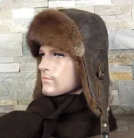 Muskrat Fur Aviator Hat, Antique Brown Leather - Simon Model