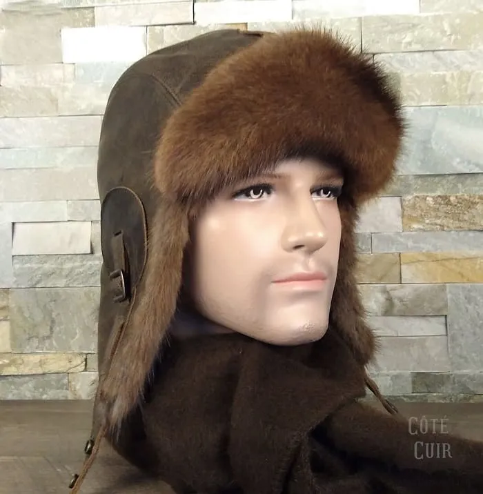 Muskrat Fur Aviator Hat, Antique Brown Leather - Simon Model