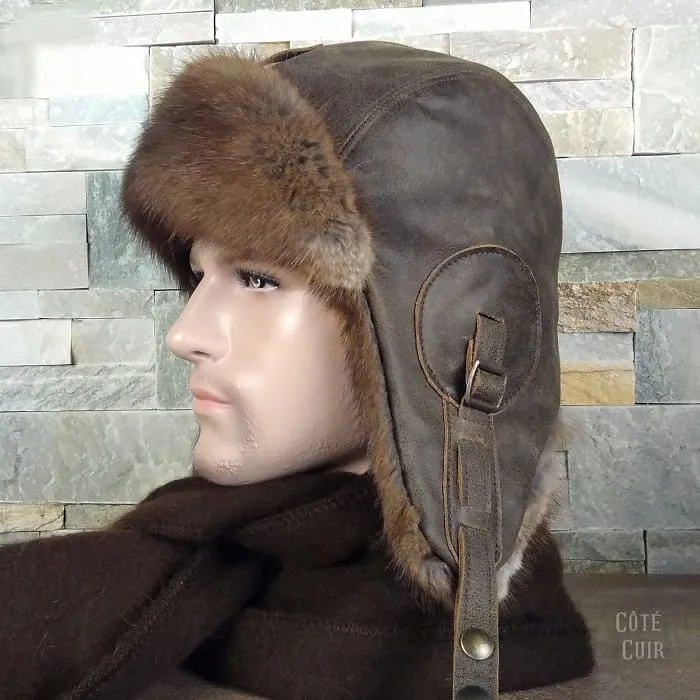 Muskrat Fur Aviator Hat, Antique Brown Leather - Simon Model