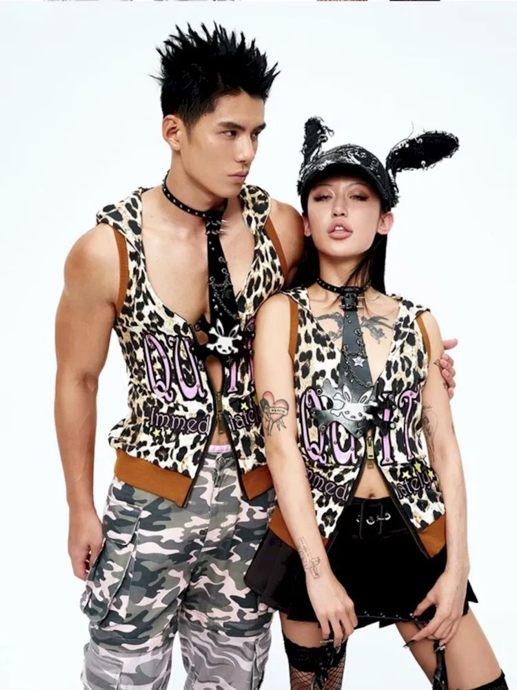 Patent leather embroidered leopard print waistcoat 【s0000009419】