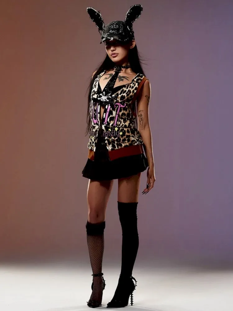 Patent leather embroidered leopard print waistcoat 【s0000009419】