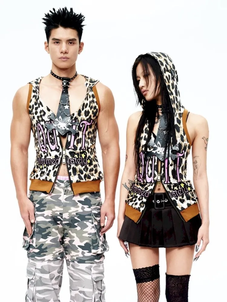 Patent leather embroidered leopard print waistcoat 【s0000009419】