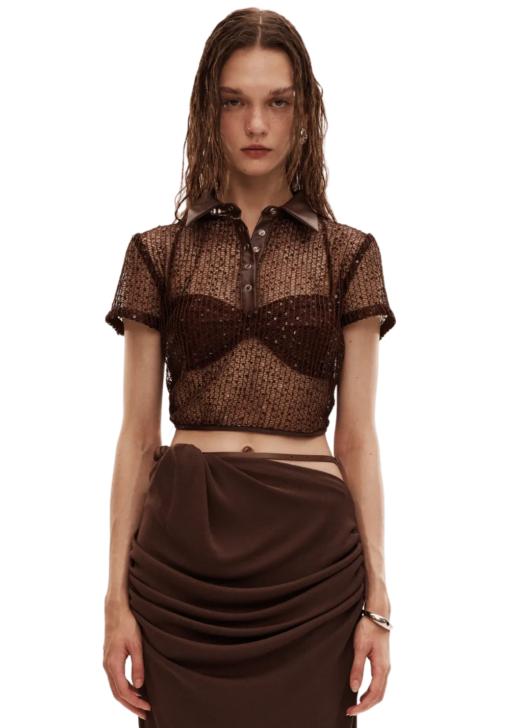 Pearl Spliced Leather Short Sleeve Top