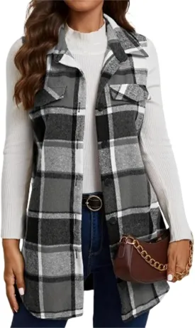 Plaid Vest for Women Trendy Casual Button Down Sleeveless Long Shacket Lightweight Comfy Lapel Neck Jacket Outerwear