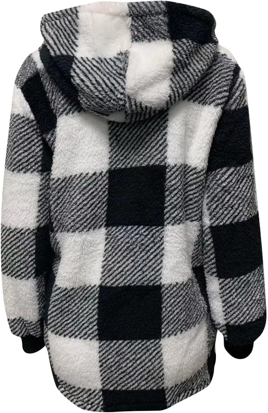 Plus Size Sherpa Jacket Women Plaid Oversized Fleece Full Zip Cardigan Sweater Comfy Fuzzy Winter Coat Hooded Outwear