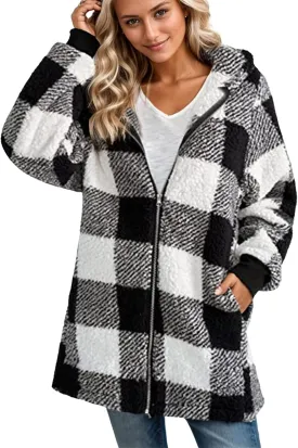 Plus Size Sherpa Jacket Women Plaid Oversized Fleece Full Zip Cardigan Sweater Comfy Fuzzy Winter Coat Hooded Outwear