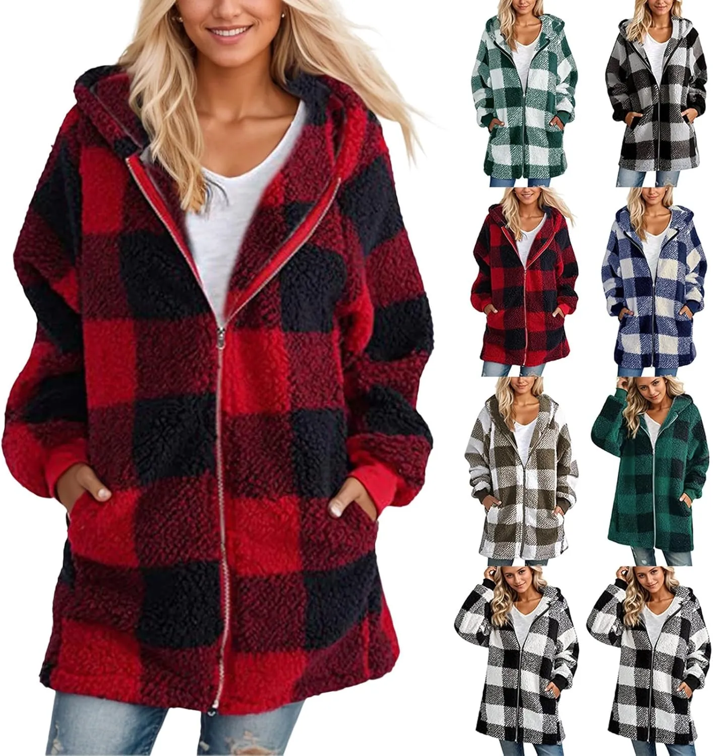 Plus Size Sherpa Jacket Women Plaid Oversized Fleece Full Zip Cardigan Sweater Comfy Fuzzy Winter Coat Hooded Outwear