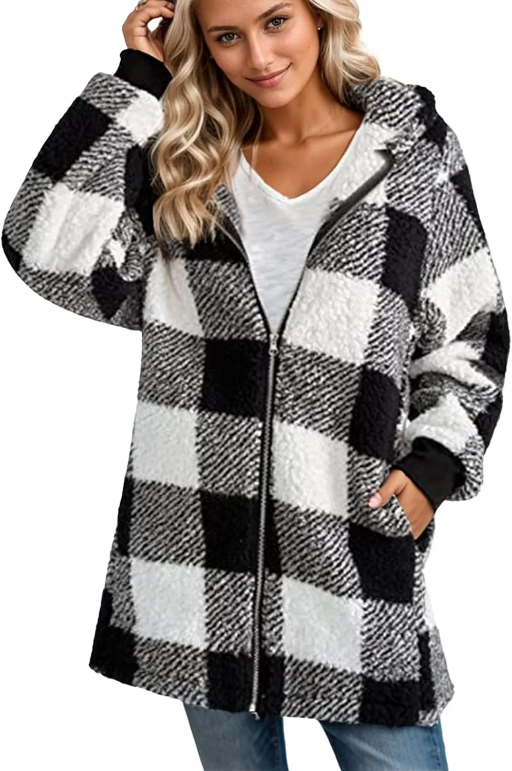 Plus Size Sherpa Jacket Women Plaid Oversized Fleece Full Zip Cardigan Sweater Comfy Fuzzy Winter Coat Hooded Outwear