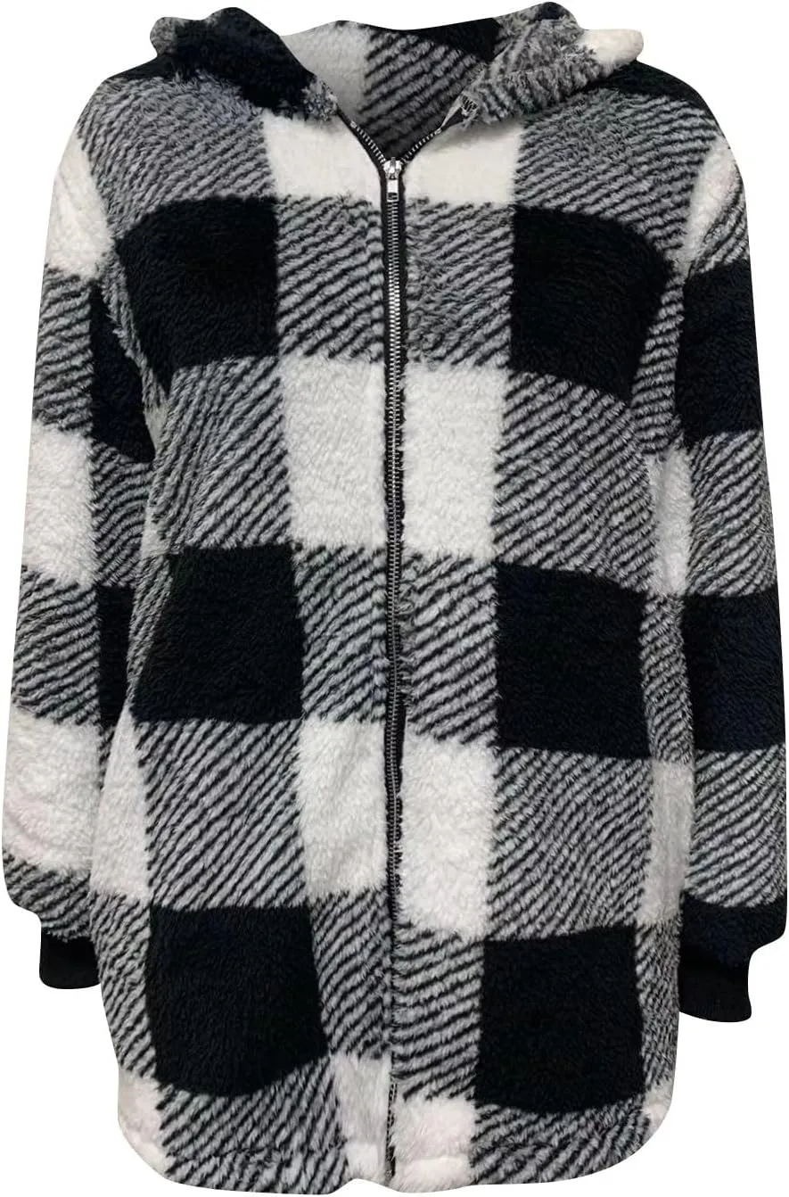 Plus Size Sherpa Jacket Women Plaid Oversized Fleece Full Zip Cardigan Sweater Comfy Fuzzy Winter Coat Hooded Outwear