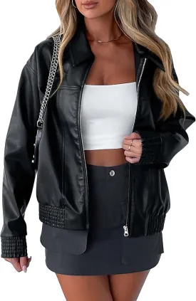 PRETTYGARDEN Women's Faux Leather Jackets 2025 Spring Bomber Jacket Zip Up Motorcycle Coats Long Sleeve Winter Clothes