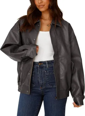 PRETTYGARDEN Women's Faux Leather Motorcycle Jacket Trendy Fall Spring Clothes Oversized Zip Up Winter Coat Outerwear