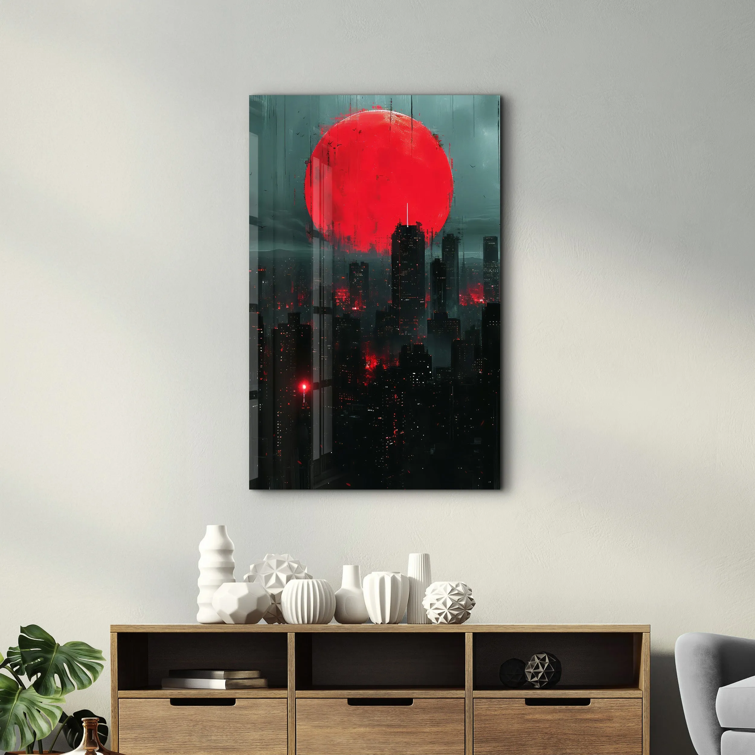Red Moon over the City - Designers Collection Glass Wall Art