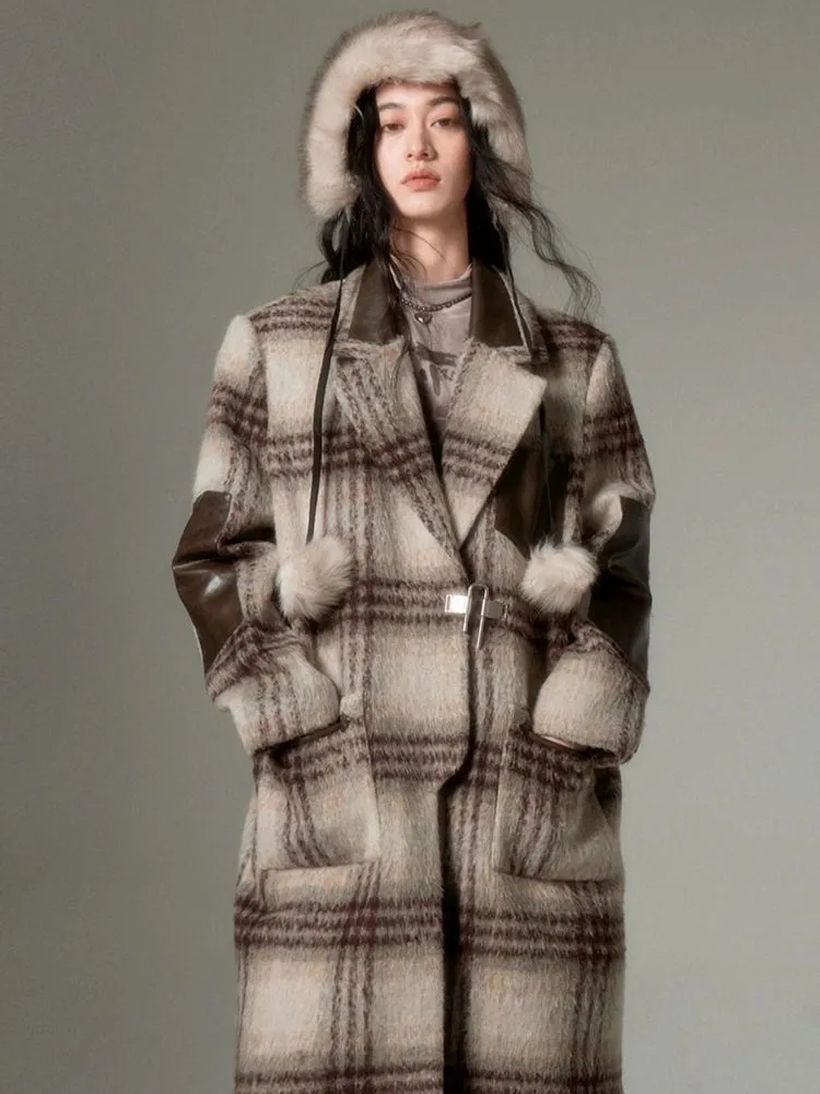 Retro Literary Patchwork Leather Tweed Padlock Coat【s0000004877】