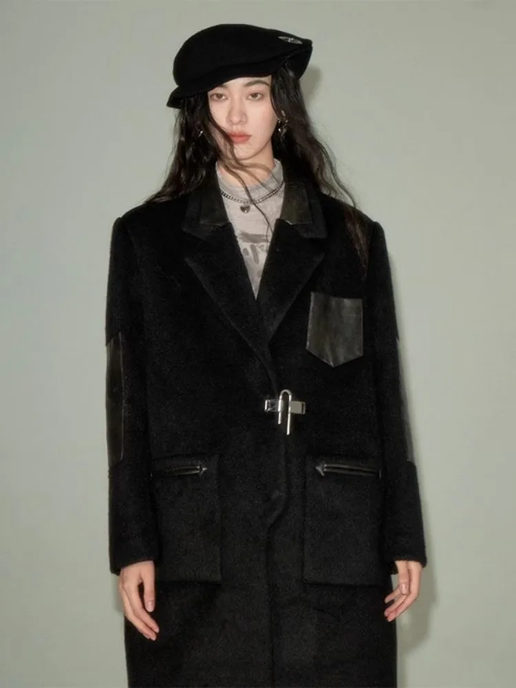Retro Literary Patchwork Leather Tweed Padlock Coat【s0000004877】