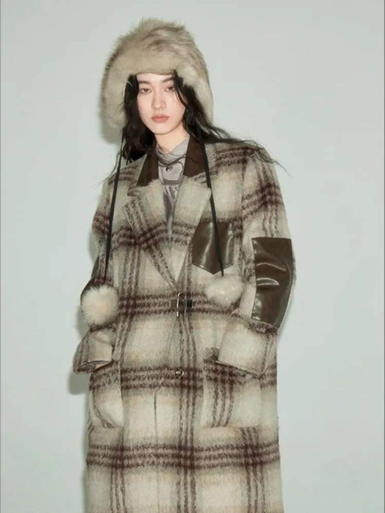 Retro Literary Patchwork Leather Tweed Padlock Coat【s0000004877】