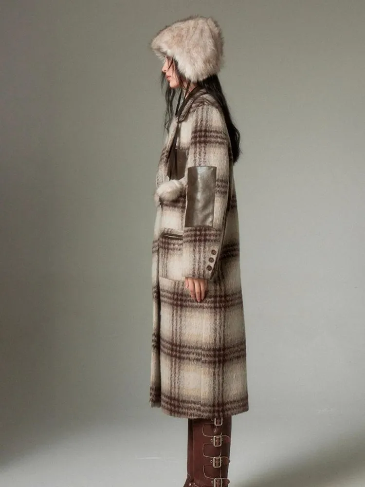 Retro Literary Patchwork Leather Tweed Padlock Coat【s0000004877】