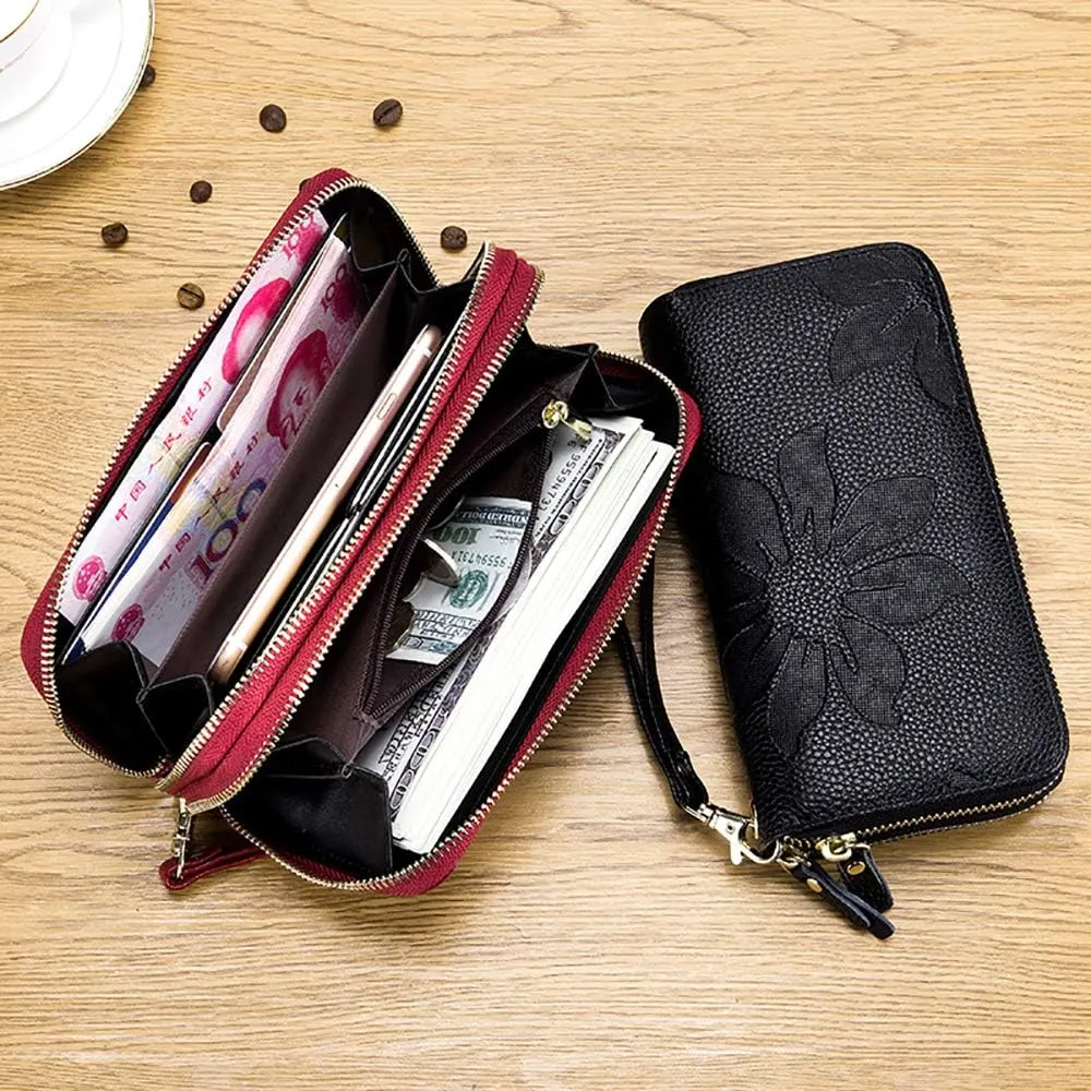 RFID Blocking Womens Leather Wallet, Double Zipper Smartphone Pocket, Embossed Flower with Credit Card Holder, Cash Slots Large Capacity Clutch Wristlet (Red)