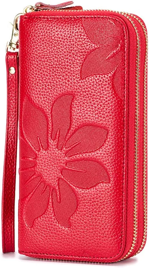 RFID Blocking Womens Leather Wallet, Double Zipper Smartphone Pocket, Embossed Flower with Credit Card Holder, Cash Slots Large Capacity Clutch Wristlet (Red)