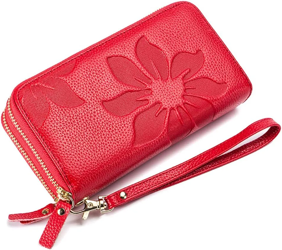 RFID Blocking Womens Leather Wallet, Double Zipper Smartphone Pocket, Embossed Flower with Credit Card Holder, Cash Slots Large Capacity Clutch Wristlet (Red)