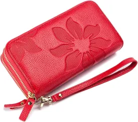 RFID Blocking Womens Leather Wallet, Double Zipper Smartphone Pocket, Embossed Flower with Credit Card Holder, Cash Slots Large Capacity Clutch Wristlet (Red)