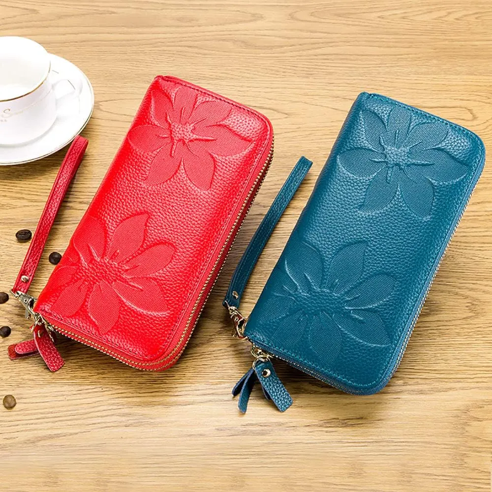 RFID Blocking Womens Leather Wallet, Double Zipper Smartphone Pocket, Embossed Flower with Credit Card Holder, Cash Slots Large Capacity Clutch Wristlet (Red)
