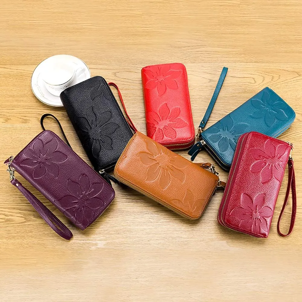 RFID Blocking Womens Leather Wallet, Double Zipper Smartphone Pocket, Embossed Flower with Credit Card Holder, Cash Slots Large Capacity Clutch Wristlet (Teal Blue)