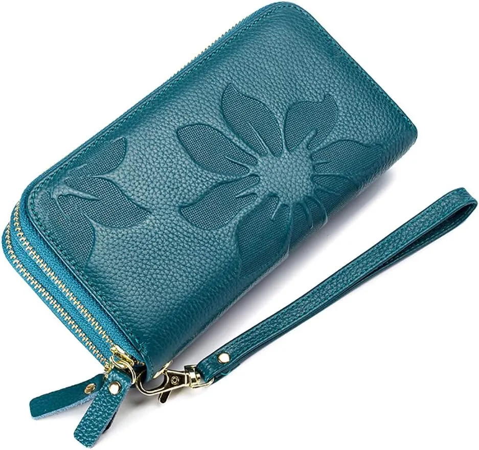RFID Blocking Womens Leather Wallet, Double Zipper Smartphone Pocket, Embossed Flower with Credit Card Holder, Cash Slots Large Capacity Clutch Wristlet (Teal Blue)