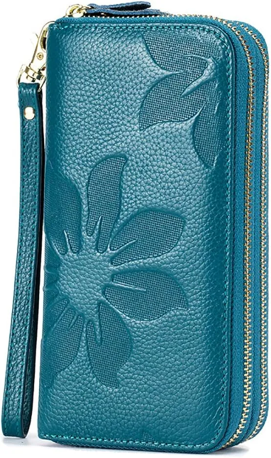 RFID Blocking Womens Leather Wallet, Double Zipper Smartphone Pocket, Embossed Flower with Credit Card Holder, Cash Slots Large Capacity Clutch Wristlet (Teal Blue)
