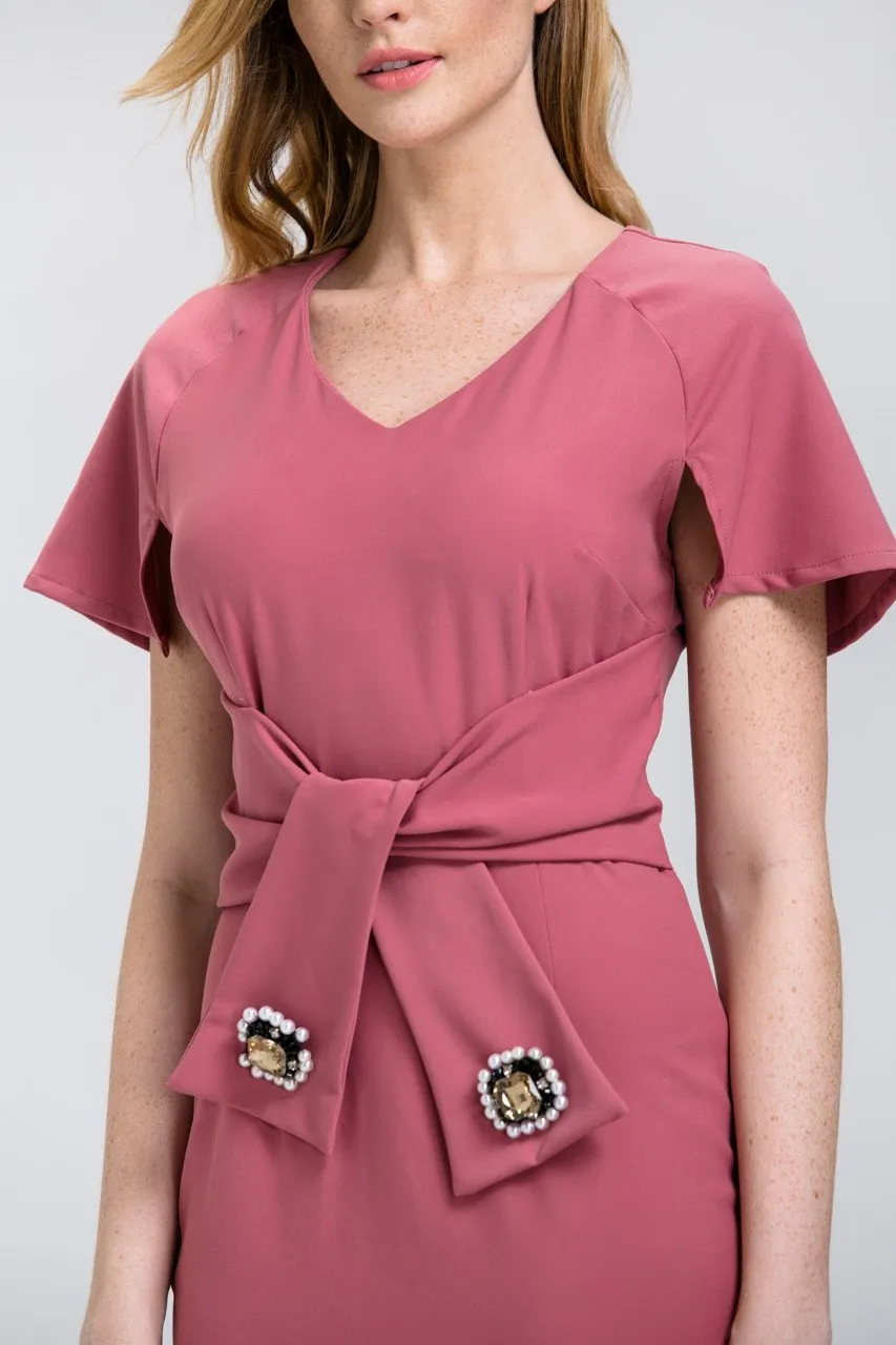 Rose Jeweled Bow Midi Dress