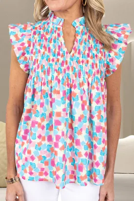 Ruffled Printed Notched Cap Sleeve Blouse