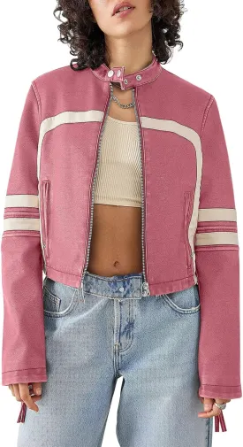 Saodimallsu Womens Faux Leather Jackets Zip Up Stand Collar Cropped Motocross PU Coats