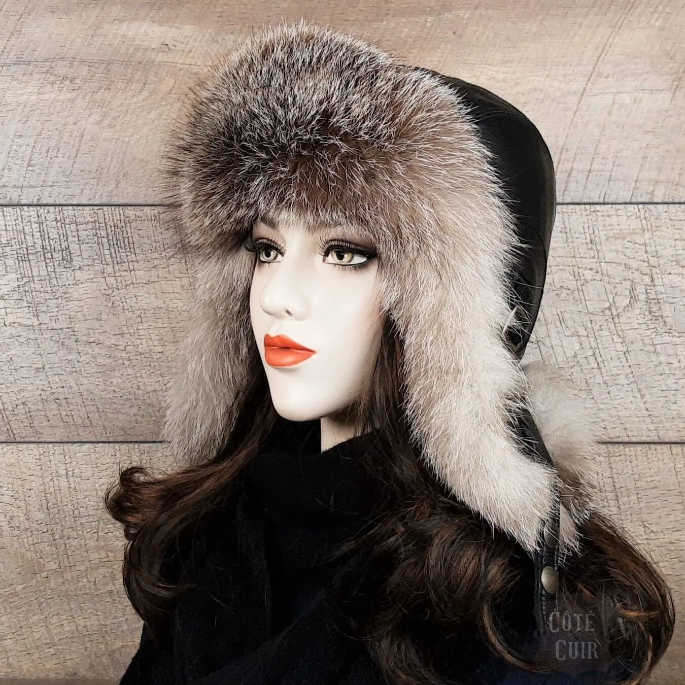 Silver Fox Fur Hat, Black Leather -Simon Model
