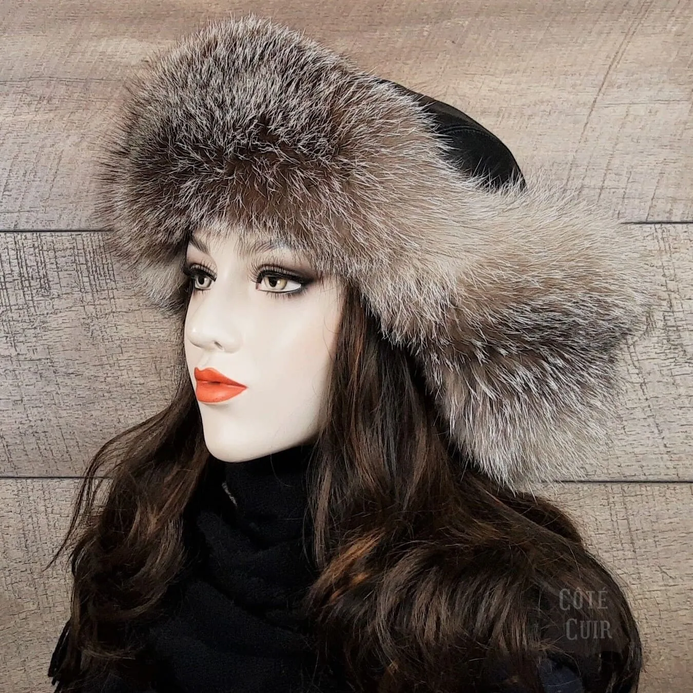 Silver Fox Fur Hat, Black Leather -Simon Model