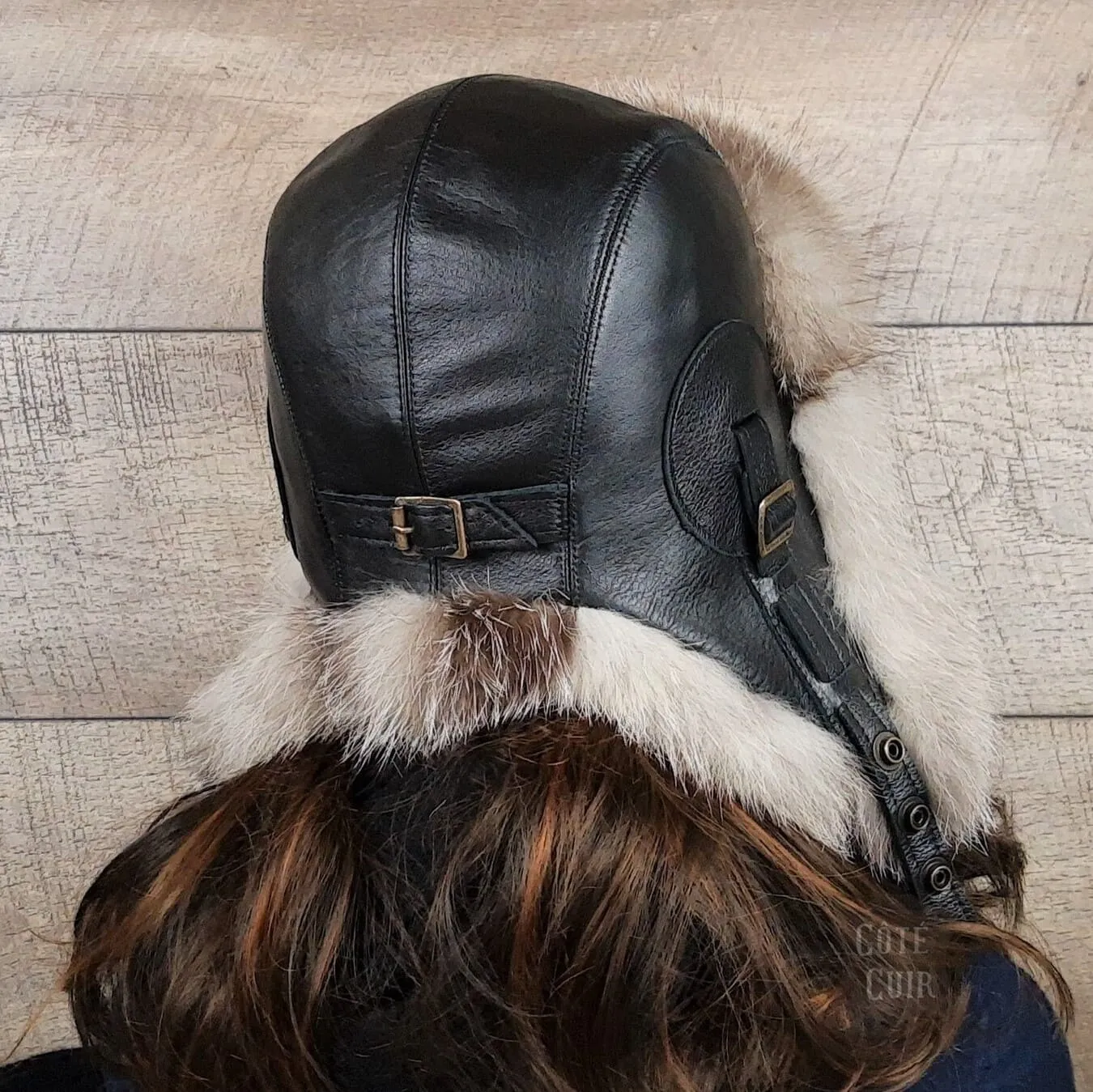 Silver Fox Fur Hat, Black Leather -Simon Model