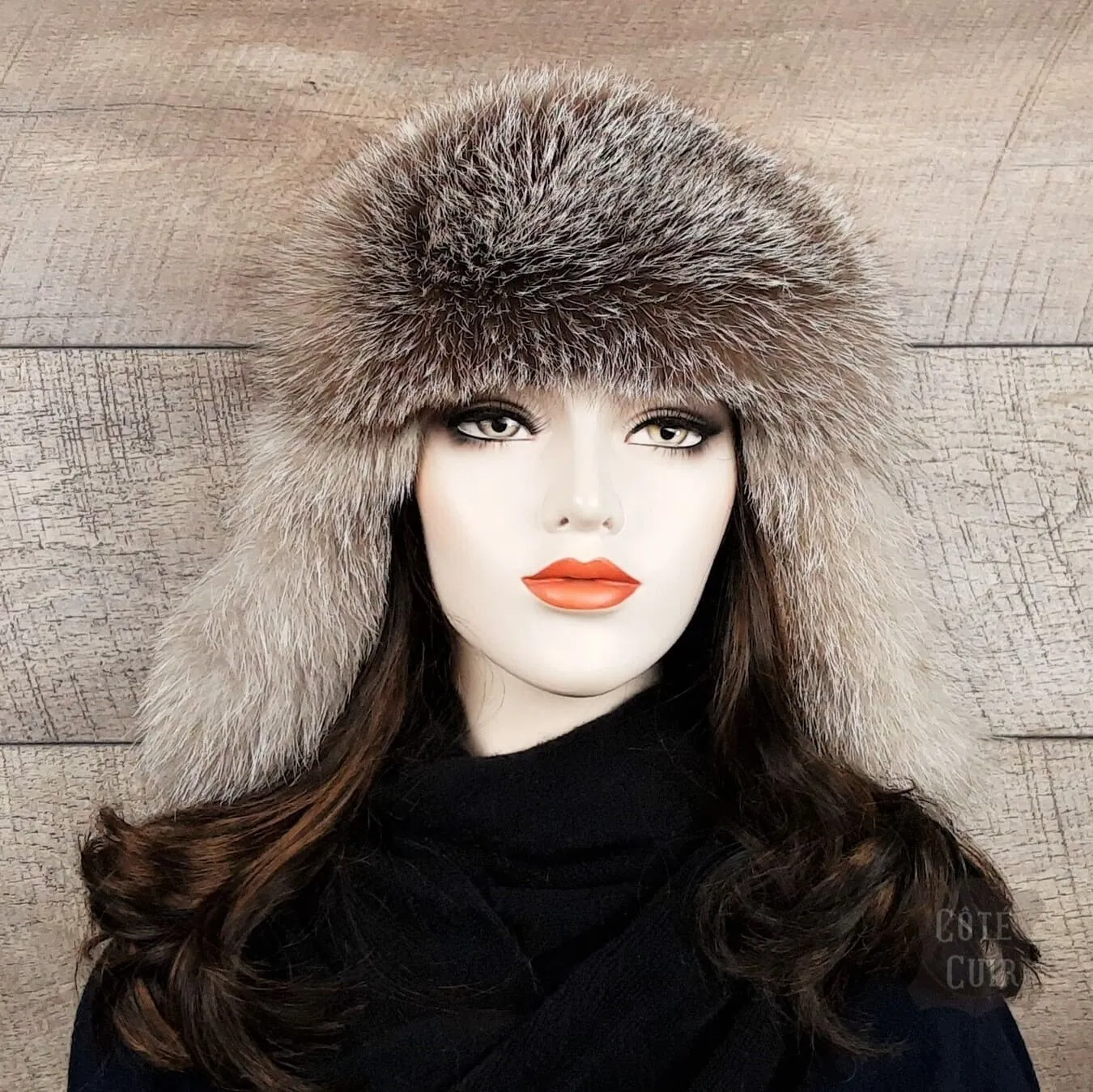 Silver Fox Fur Hat, Black Leather -Simon Model
