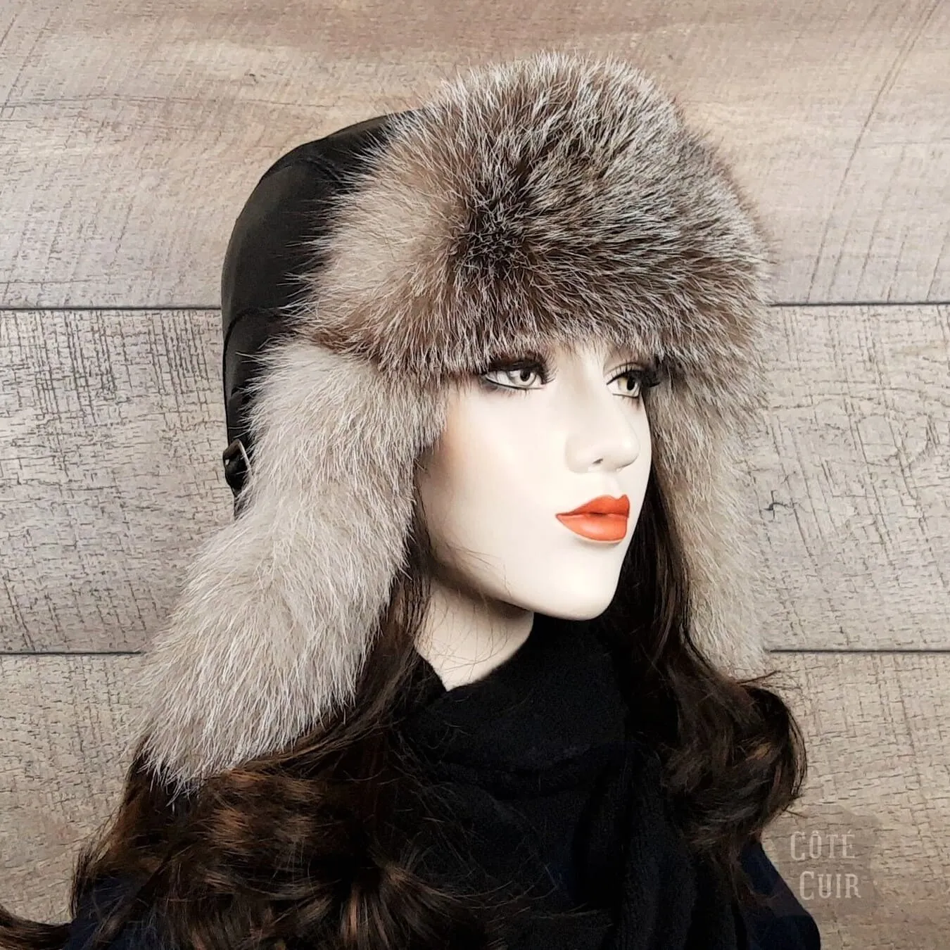 Silver Fox Fur Hat, Black Leather -Simon Model