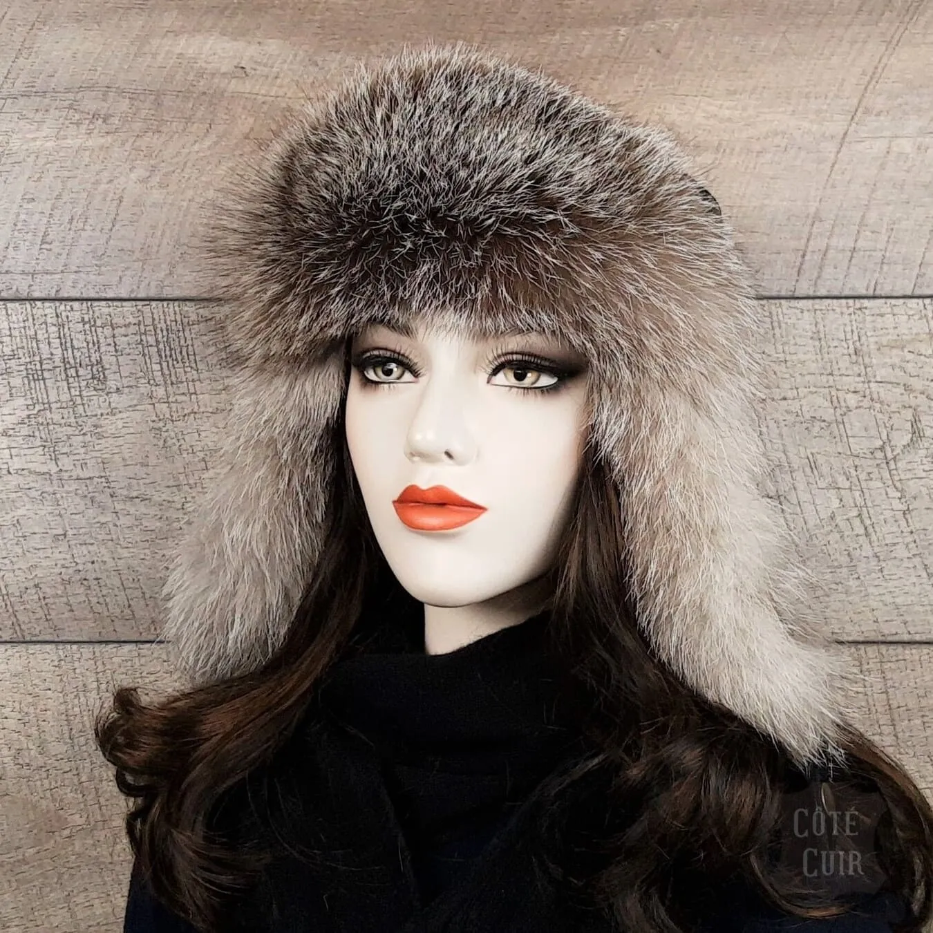 Silver Fox Fur Hat, Black Leather -Simon Model