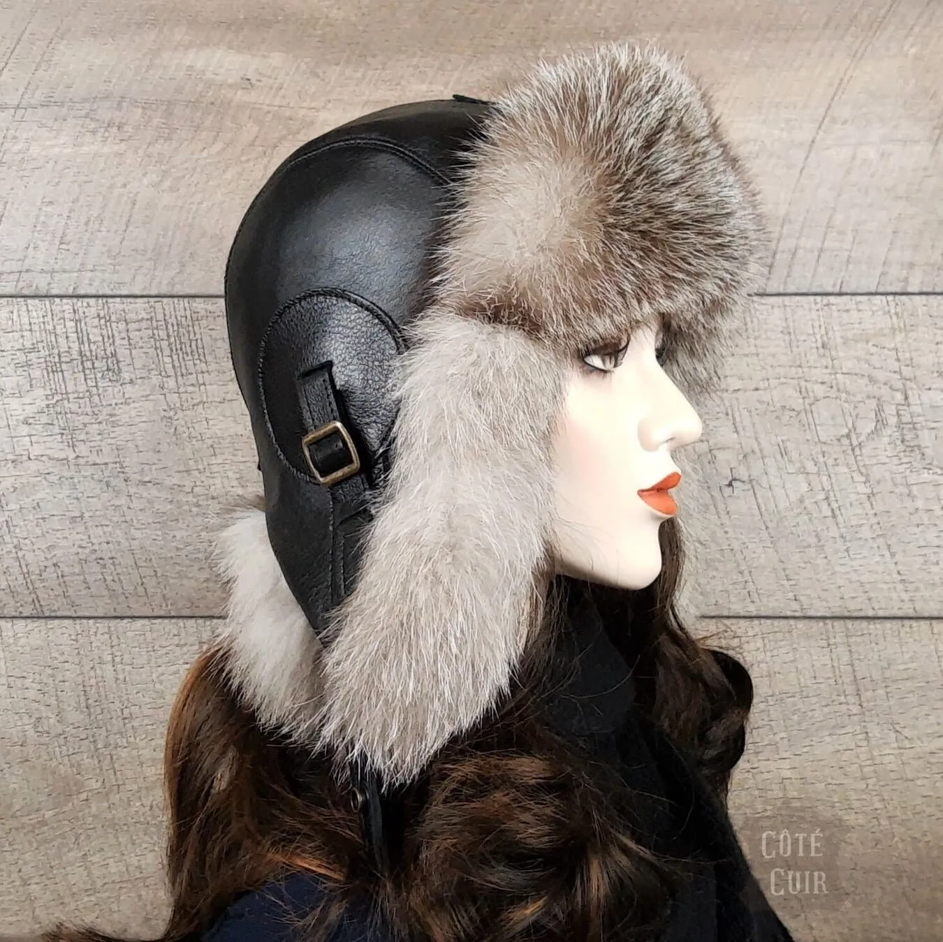 Silver Fox Fur Hat, Black Leather -Simon Model